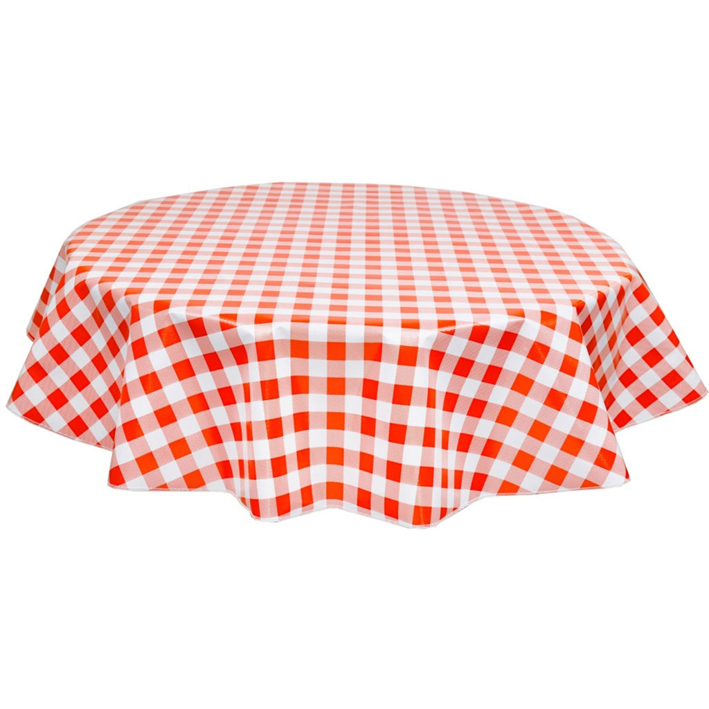 round large gingham orange oilcloth tablecloth
