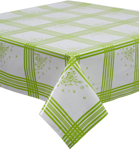 Freckled Sage Oilcloth Tablecloth Lime Corn Flowers and grid on white background
