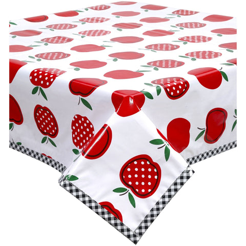 square apples and dots red oilcloth tablecloth with black gingham trim
