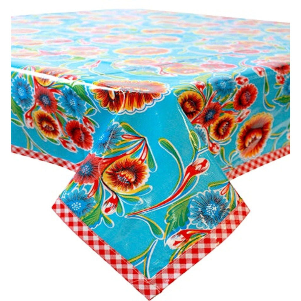bloom light blue oilcloth tablecloth with red gingham trim