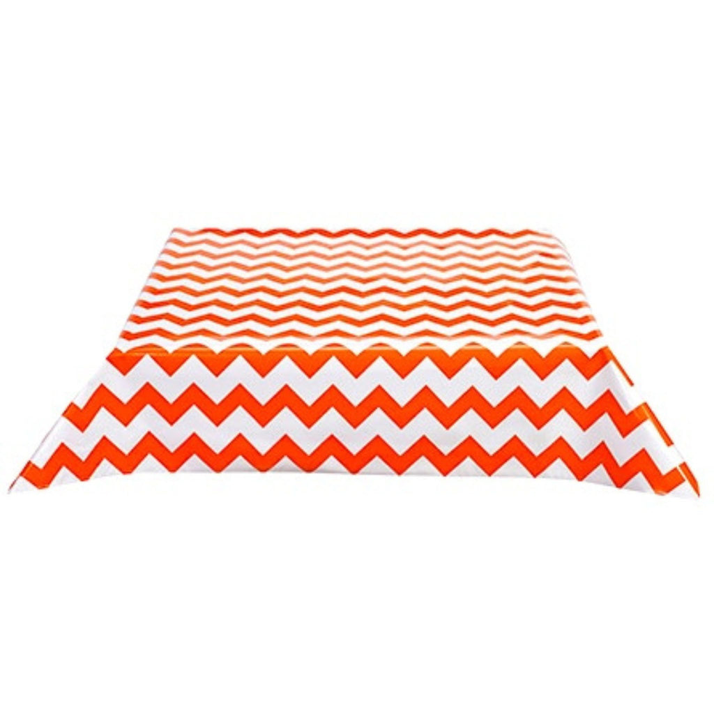 square chevron orange oilcloth tablecloth with a hem
