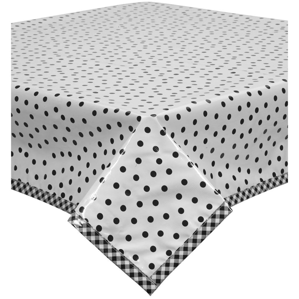 square or rectangular dot black oilcloth tablecloth w/ black gingham trim