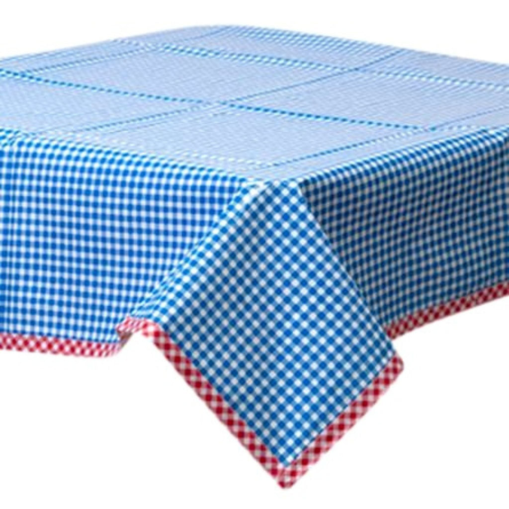square gingham blue oilcloth tablecloth with red gingham trim