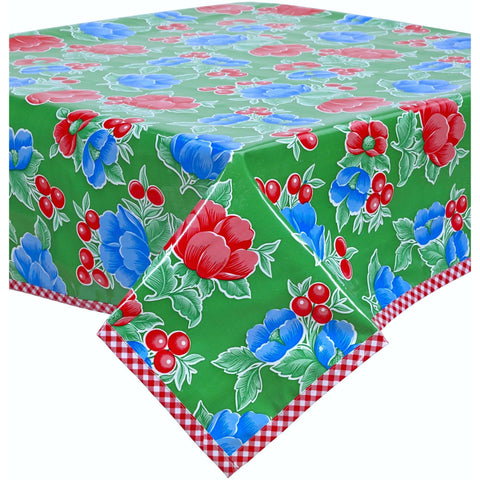 square poppy green oilcloth tablecloth with red gingham trim