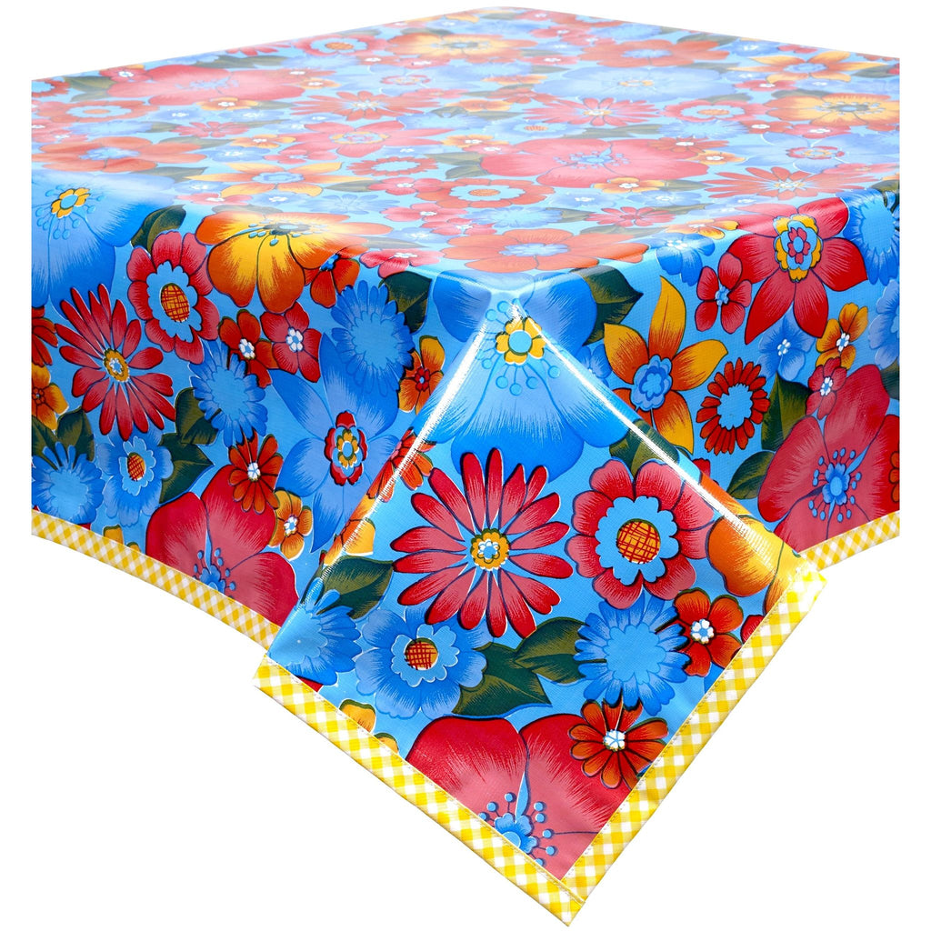 square betty's bunch light blue oilcloth tablecloth with yellow gingham trim