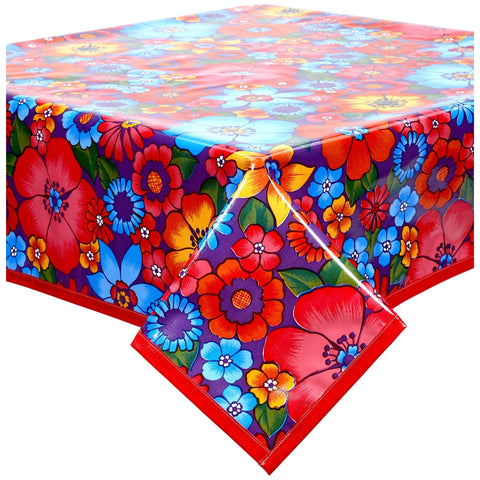 square betty's bunch oilcloth tablecloth with solid red trim