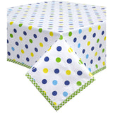 big dot navy oilcloth tablecloth with lime gingham trim