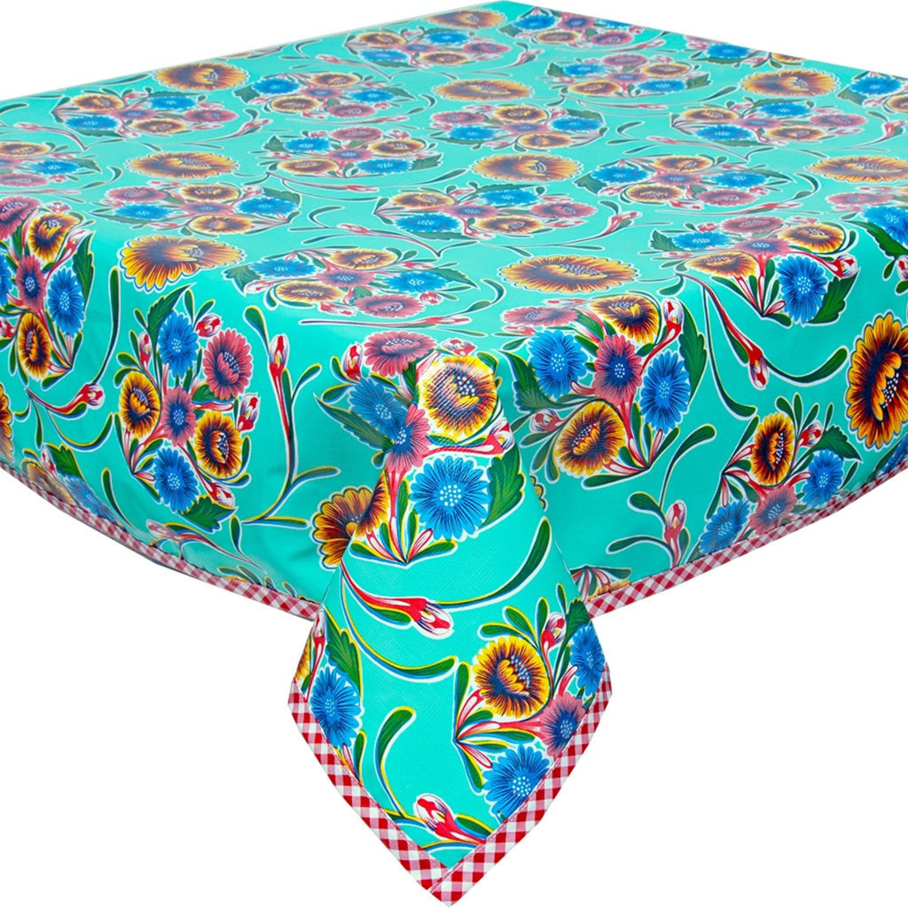 bloom aqua oilcloth tablecloth with red gingham trim