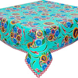 bloom aqua oilcloth tablecloth with red gingham trim