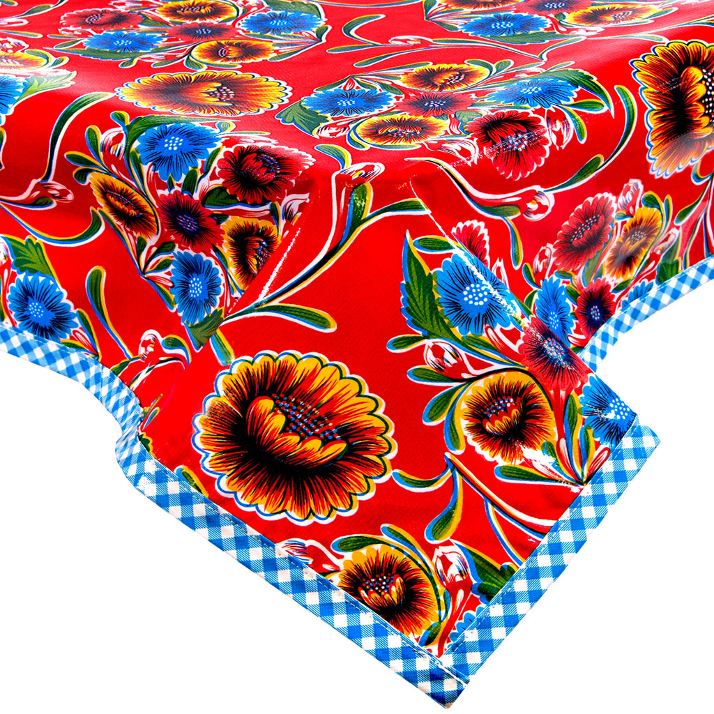 bloom red oilcloth tablecloth with blue gingham trim