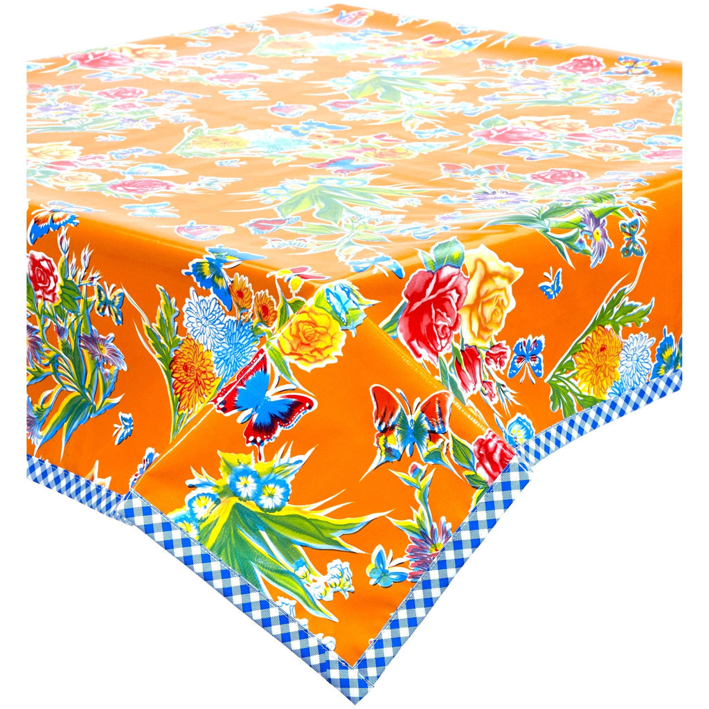 square edgar's butterfly orange oilcloth tablecloth with blue gingham trim