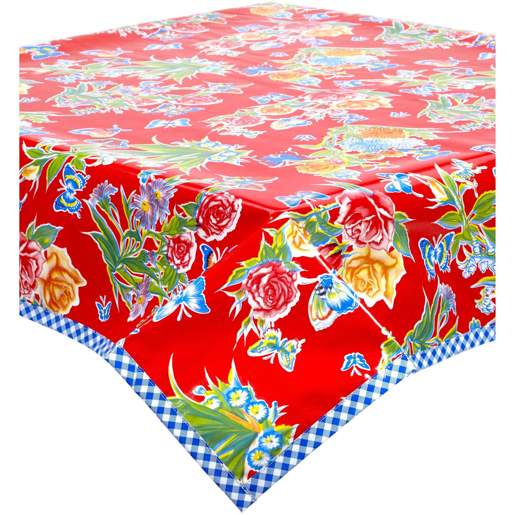 square edgar's butterfly red oilcloth tablecloth with blue gingham trim