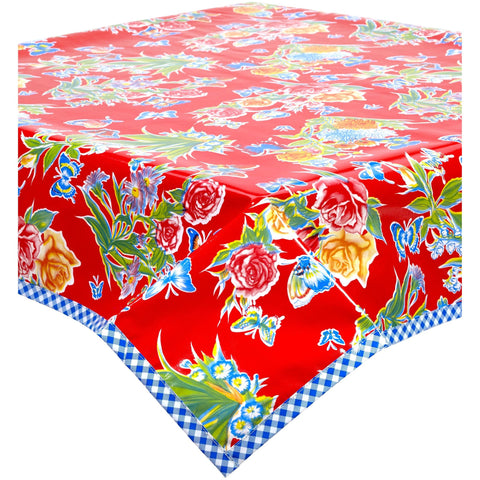 square edgar's butterfly red oilcloth tablecloth with blue gingham trim