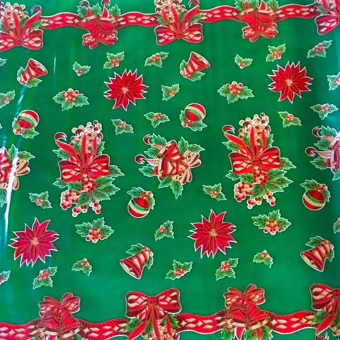 christmas bells and bows green oilcloth swatch