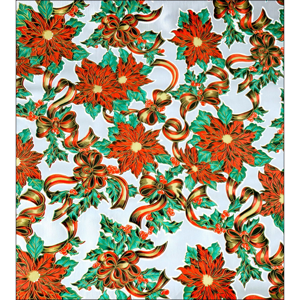 christmas ribbons and holly silver oilcloth swatch