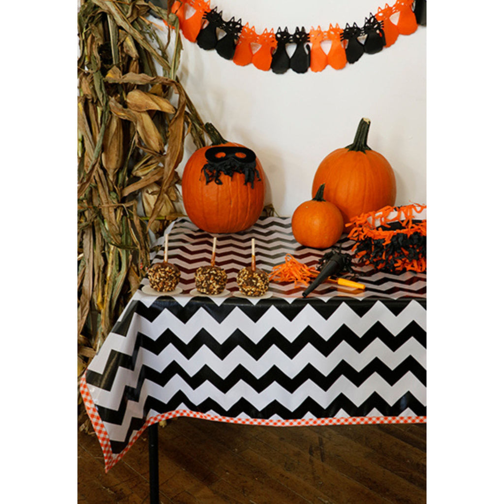 halloween decorated chevron black oilcloth tablecloth with orange gingham trim