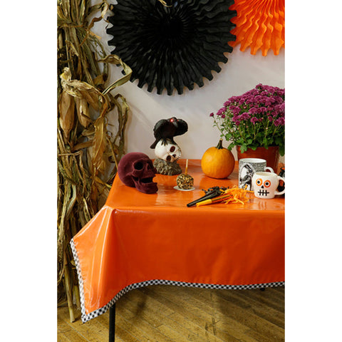 halloween decorated solid orange oilcloth tablecloth with black gingham trim