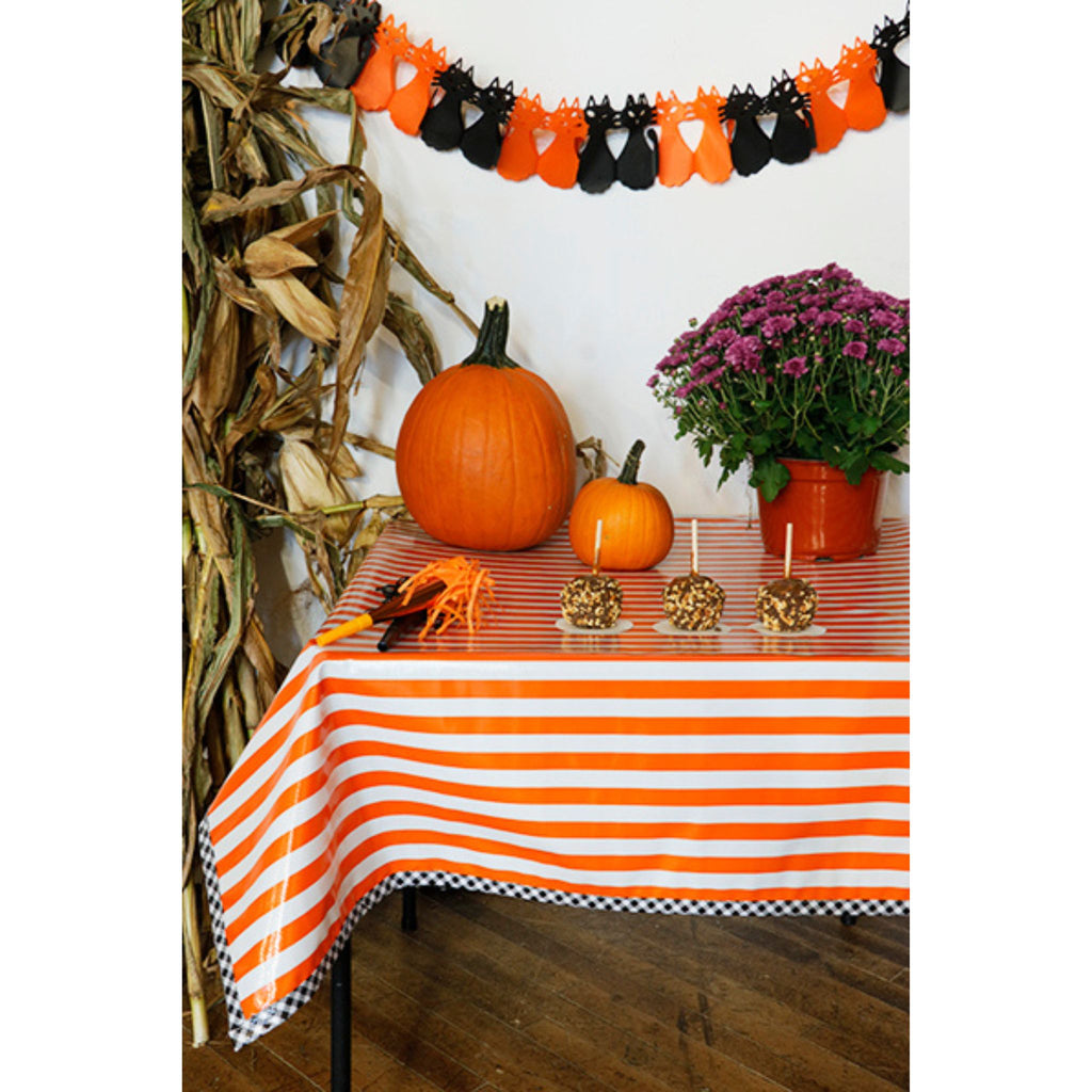 halloween decorated stripe orange oilcloth tablecloth with black gingham trim