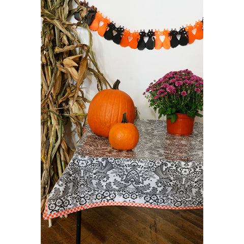 halloween decorated toile black oilcloth tablecloth with orange gingham trim