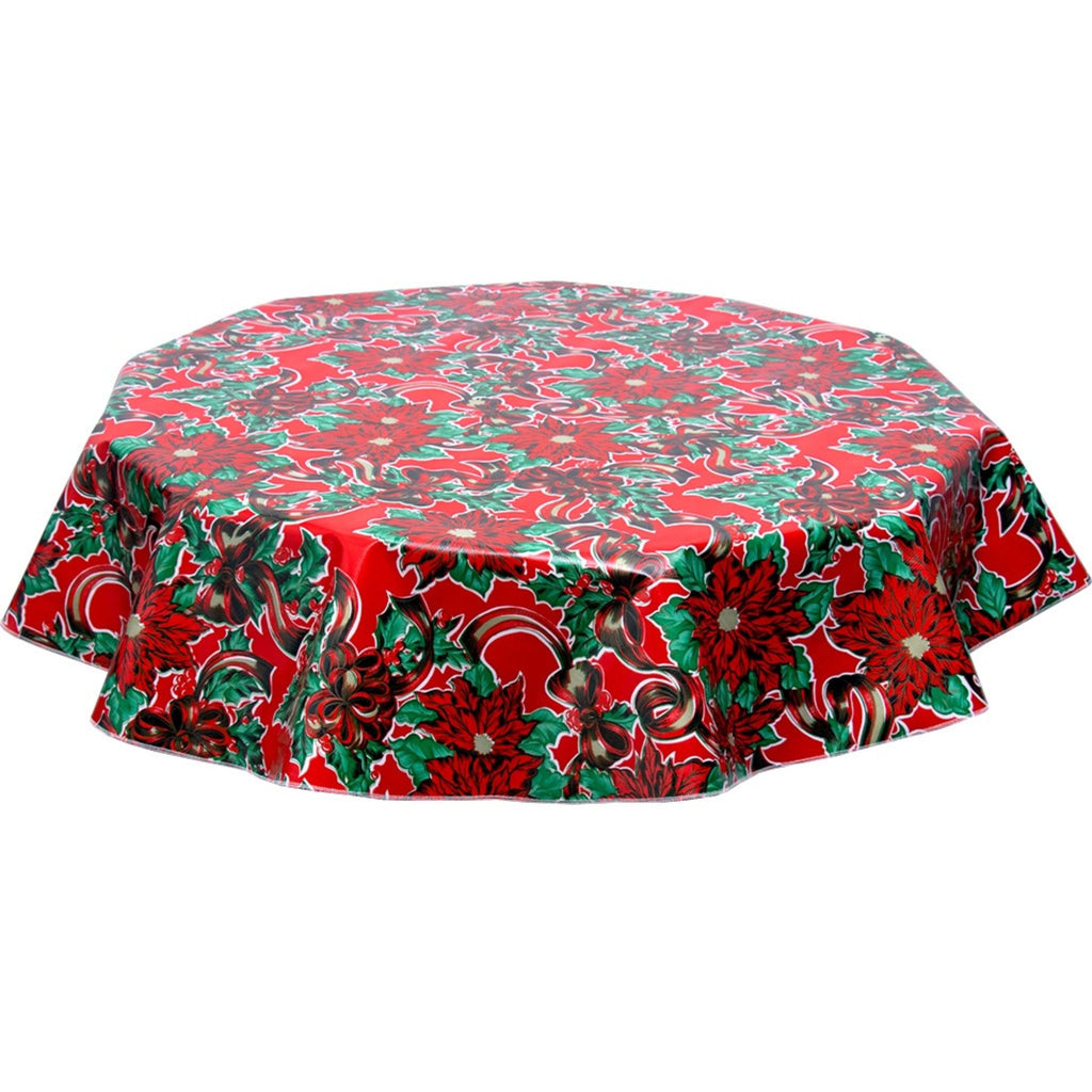 round christmas ribbons and holly red oilcloth tablecloth