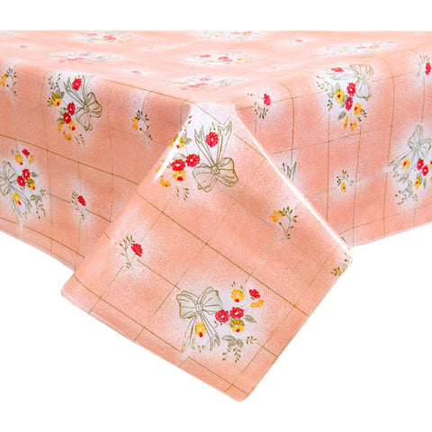 bows and bouquet salmon oilcloth tablecloth with a hem