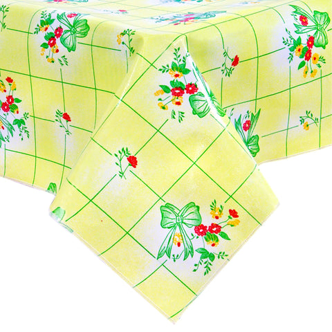 bows and bouquet yellow oilcloth tablecloth with a hem