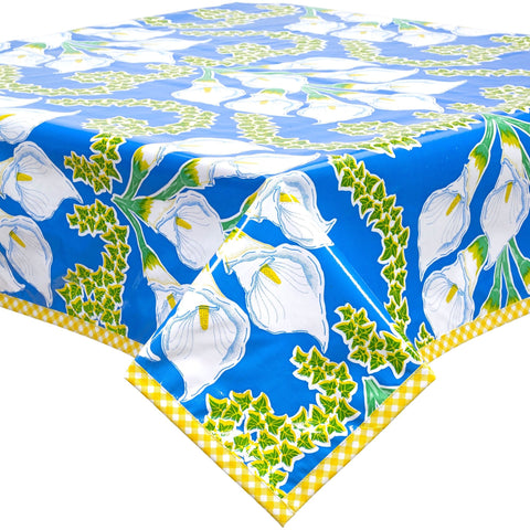 calla lily blue oilcloth tablecloth with yellow gingham trim