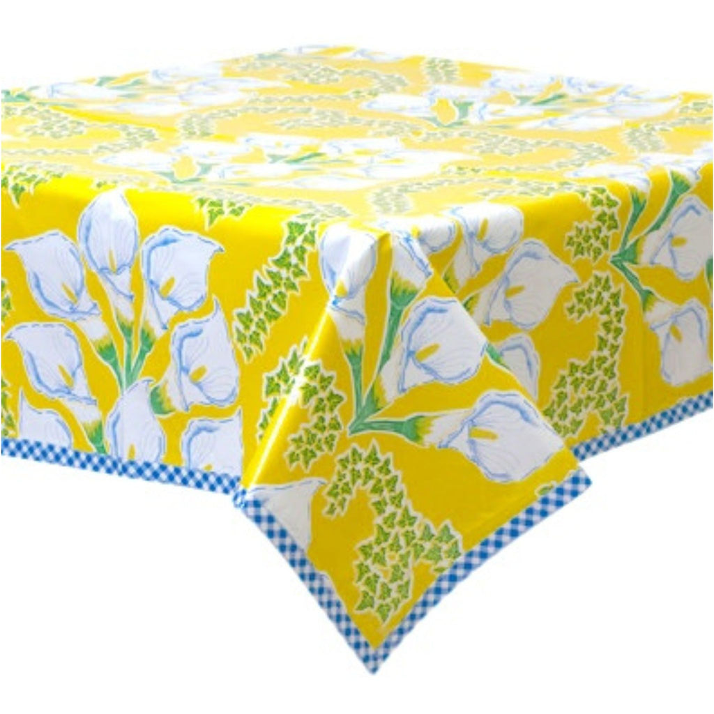 calla lily yellow oilcloth tablecloth with blue gingham trim