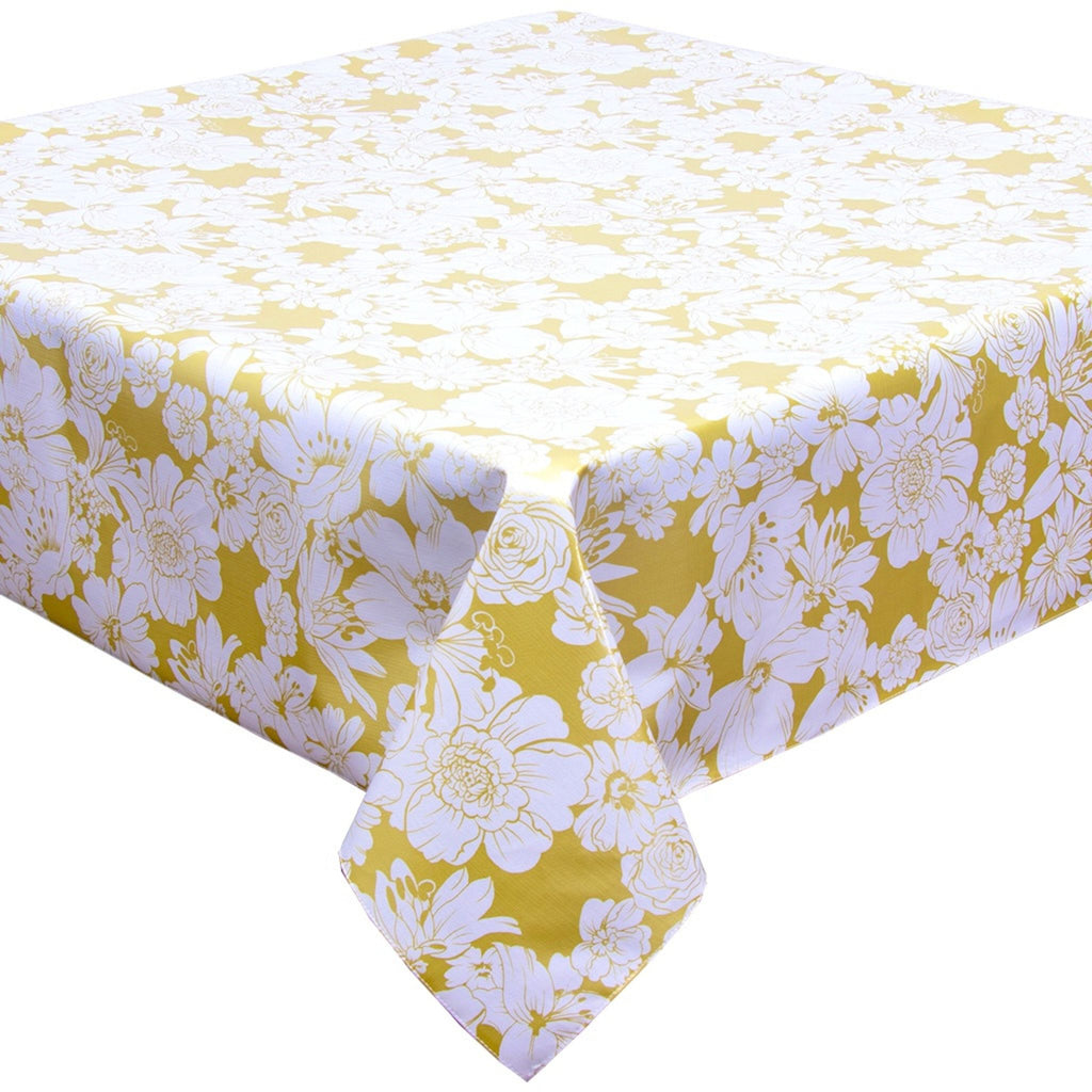 chelsea gold oilcloth tablecloth with a hem