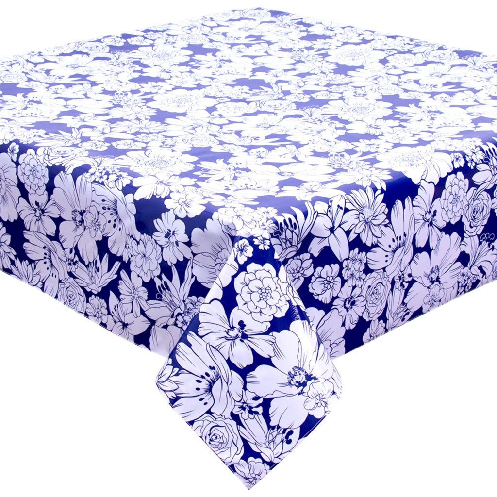 chelsea navy blue oilcloth tablecloth with a hem