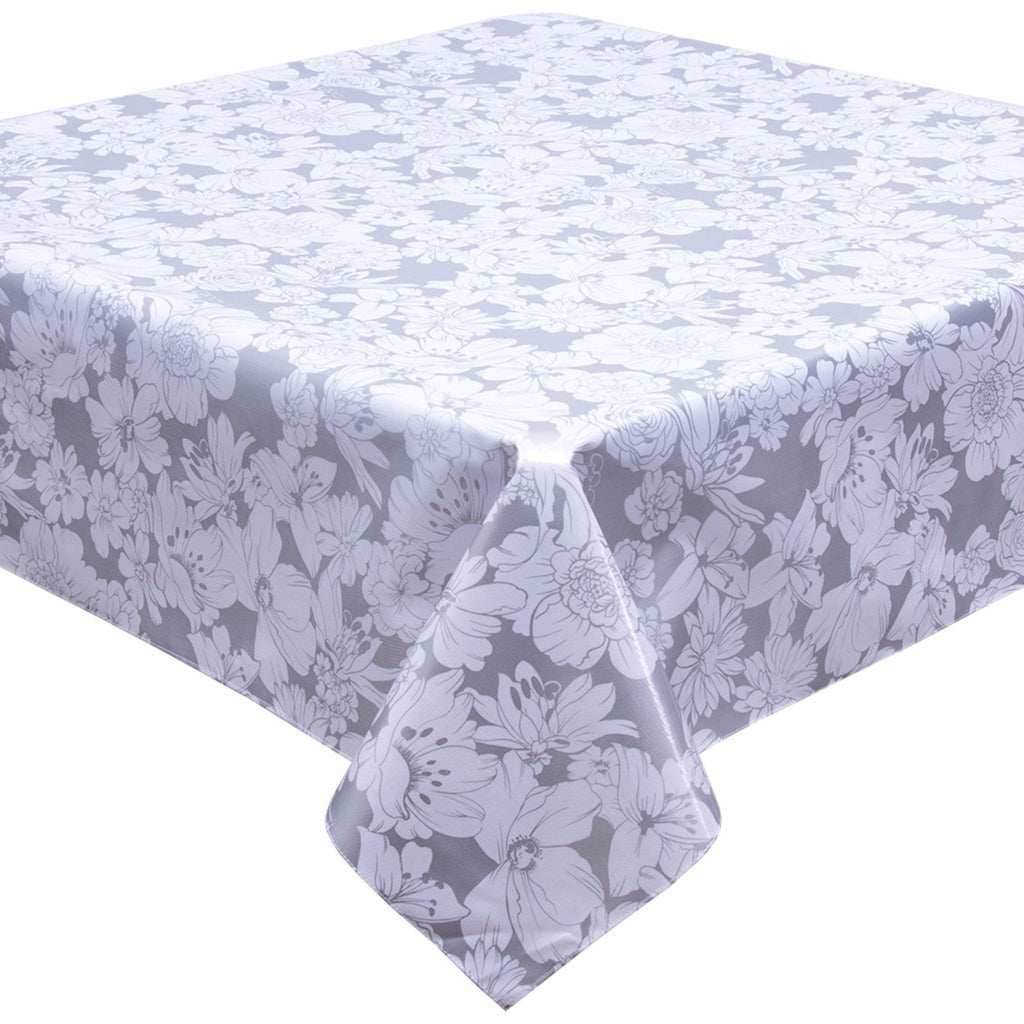 chelsea silver oilcloth tablecloth with a hem