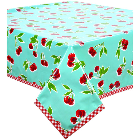 cherry aqua oilcloth tablecloth with red gingham trim