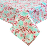cherry blossom aqua oilcloth tablecloth with a hem