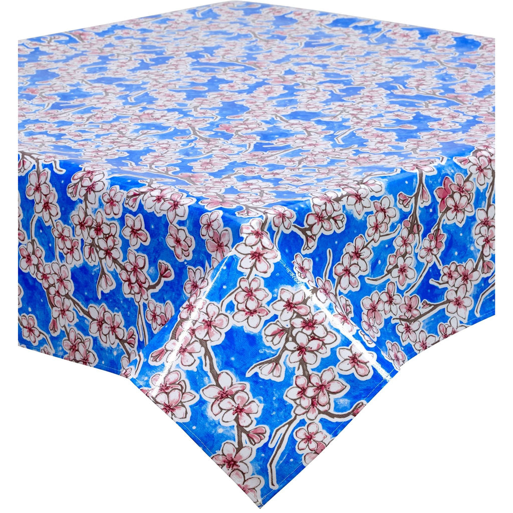 cherry blossom blue oilcloth tablecloth with a hem