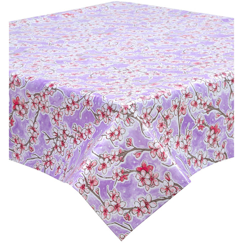 cherry blossom lavender oilcloth tablecloth with a hem