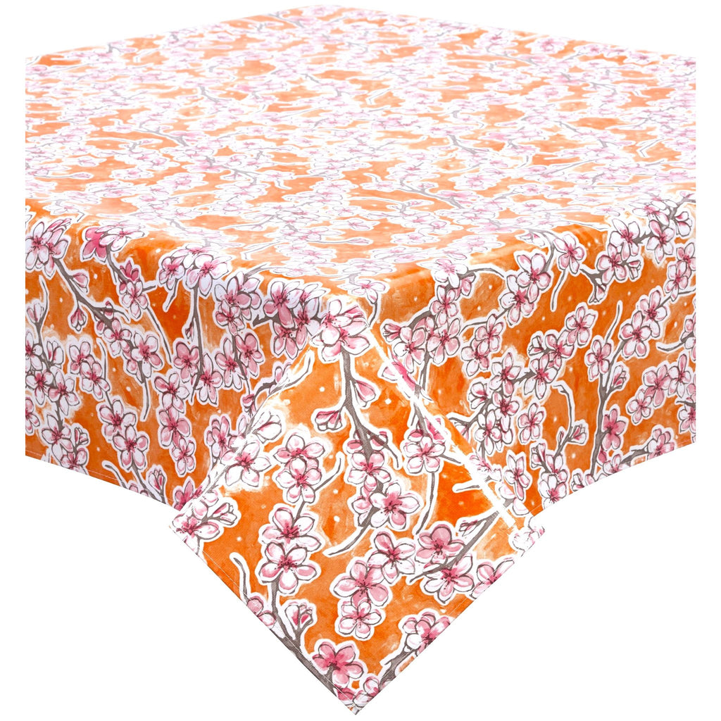 cherry blossom orange oilcloth tablecloth with a simple hem