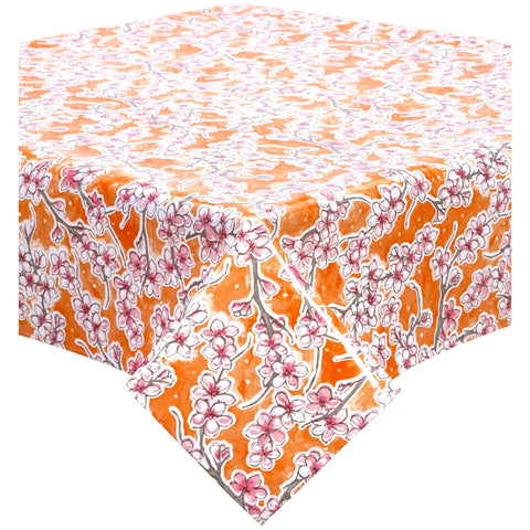 cherry blossom orange oilcloth tablecloth with a simple hem