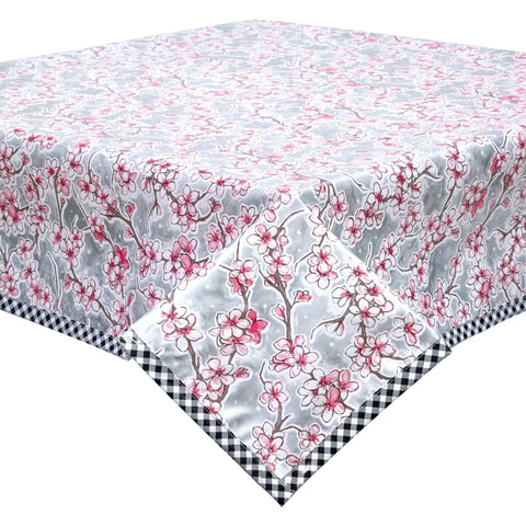 cherry blossom silver oilcloth tablecloth with black gingham trim