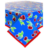 cherry blue oilcloth tablecloth with solid red trim