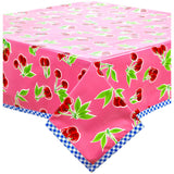 cherry pink oilcloth tablecloth with blue gingham trim