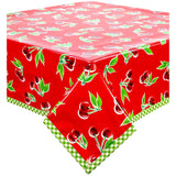 cherry red oilcloth tablecloth with lime green gingham trim