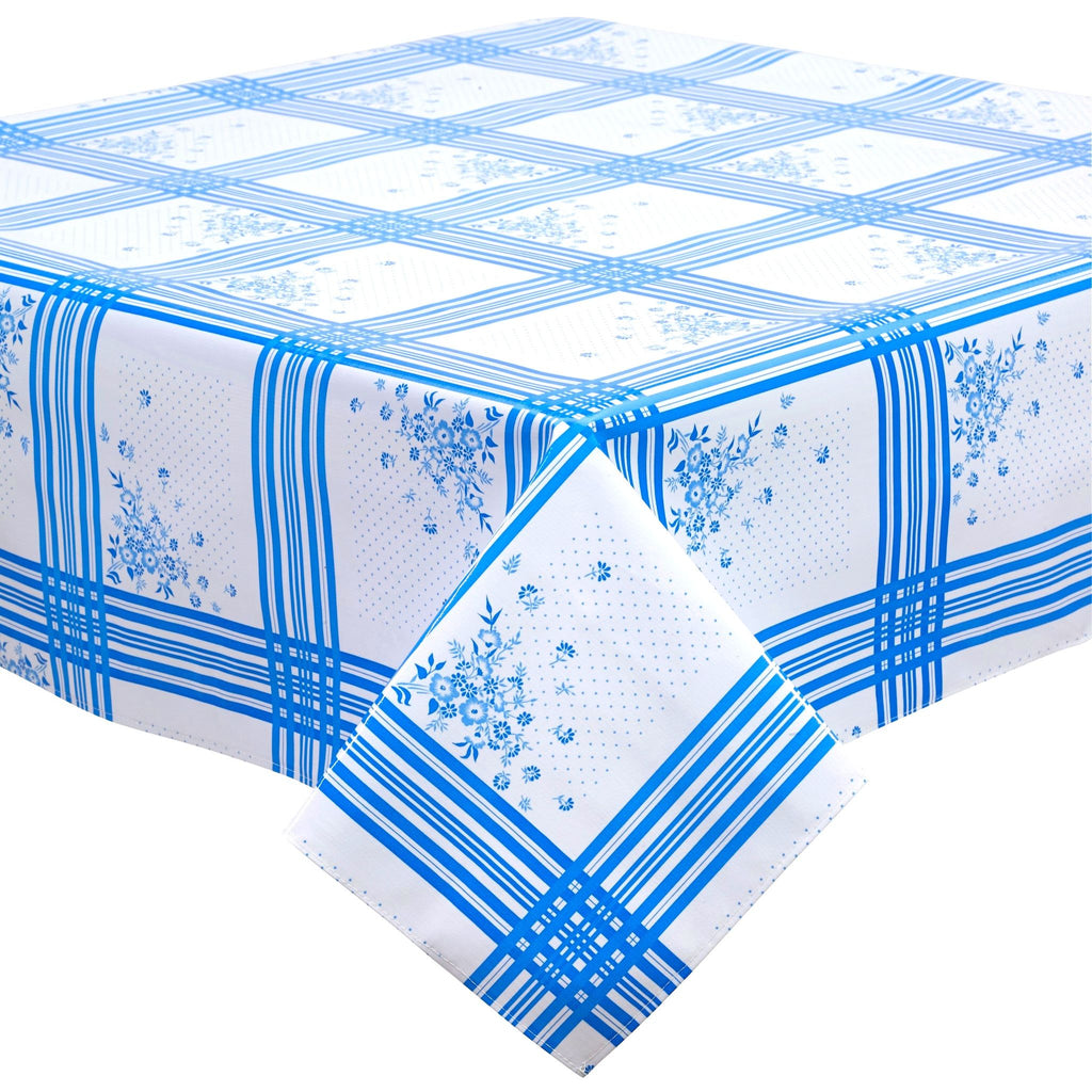 square corn flower blue oilcloth tablecloth with a simple hem