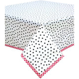 square dot black oilcloth tablecloth with red gingham trim