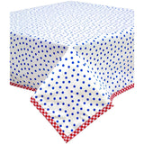 square dot blue oilcloth tablecloth with red gingham trim