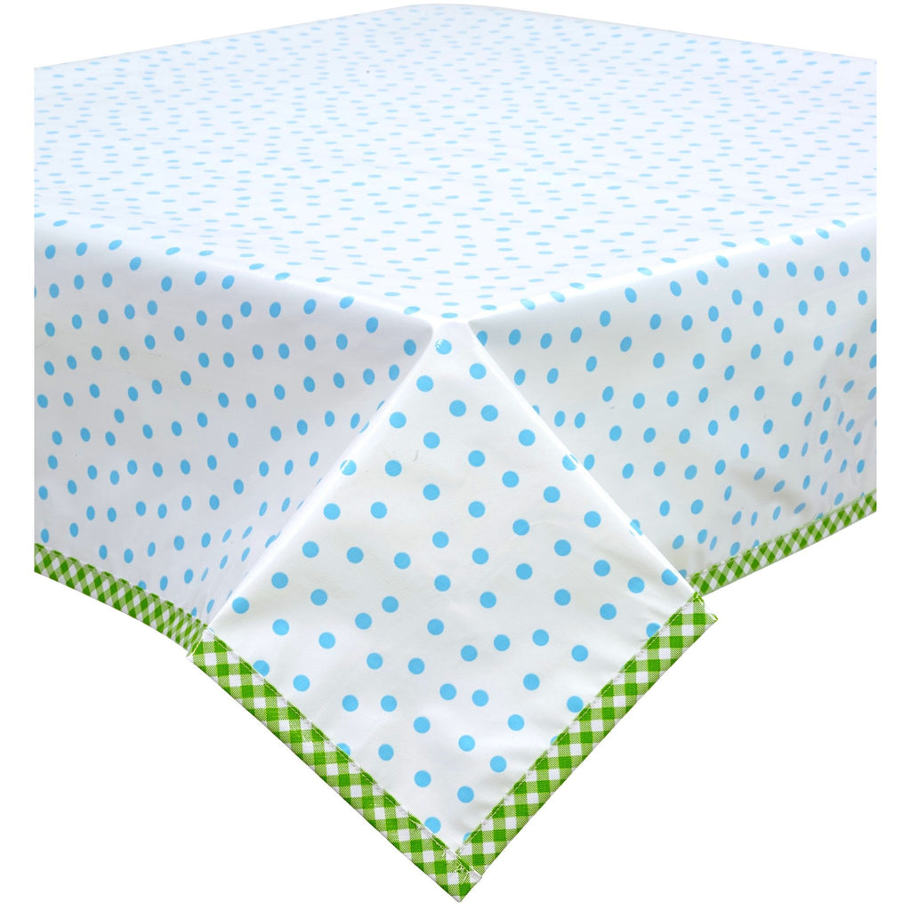 square dot light blue oilcloth tablecloth with lime green gingham trim