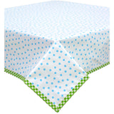 square dot light blue oilcloth tablecloth with lime green gingham trim