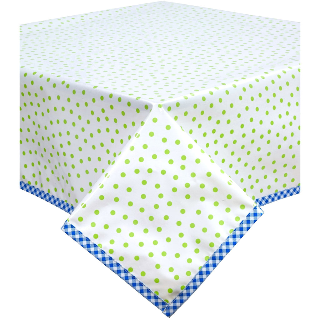 square dot lime green oilcloth tablecloth with blue gingham trim