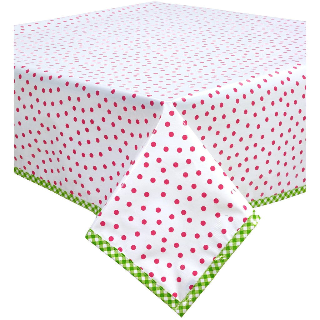 square dot pink oilcloth tablecloth with lime green gingham trim
