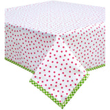 square dot pink oilcloth tablecloth with lime green gingham trim