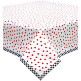 square dot red oilcloth tablecloth with black gingham trim